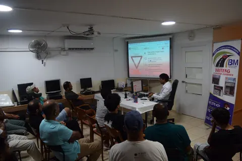 A theory class working through a DGT-style question about a give-way sign, projected on screen for the whole room.